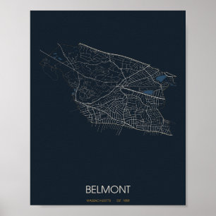 Belmont Massachusetts Straßenkarte Poster (Nacht)