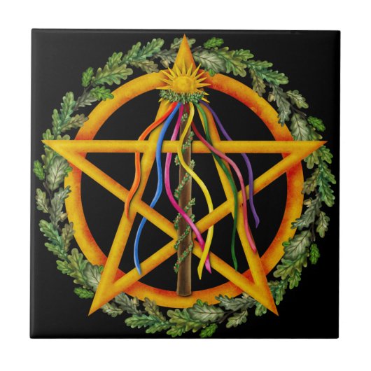 Beltane Maypole & Oak Blätter | Wiccan Altar Tile Fliese (Vorderseite)