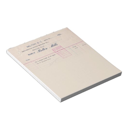 Belton Mills Belton, SC Receipt Notepad Notizblock (angewinkelt)