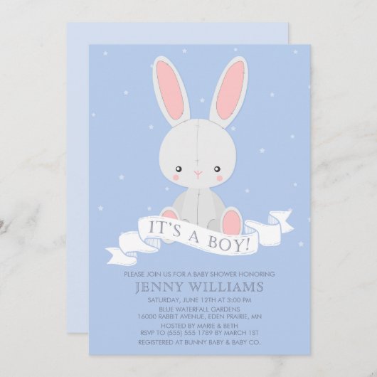 Belüftete Bunny Rabbit Boy Babydusche Einladung (Vorne/Hinten)