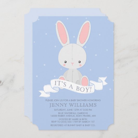 Belüftete Bunny Rabbit Boy Babydusche Einladung (Vorne/Hinten)