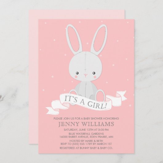 Belüftete Bunny Rabbit Girl Baby Dusche Einladung (Vorne/Hinten)