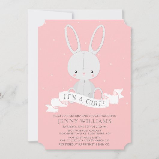 Belüftete Bunny Rabbit Girl Baby Dusche Einladung (Vorderseite)