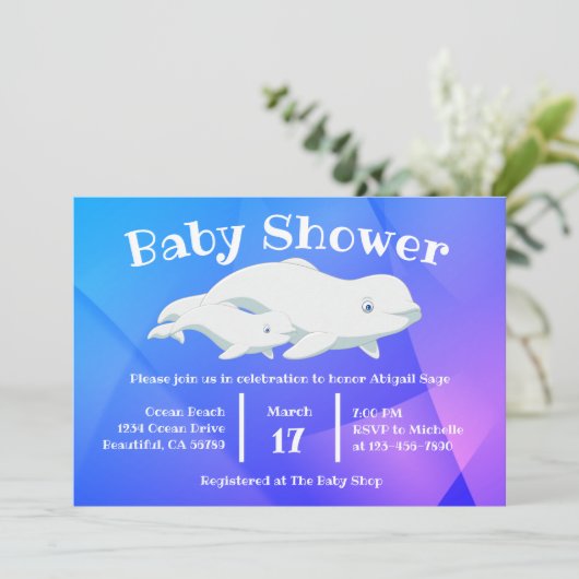 Beluga Whale Blue, Pink Arctic Ocean Baby Shower Einladung (Stehend Vorderseite)