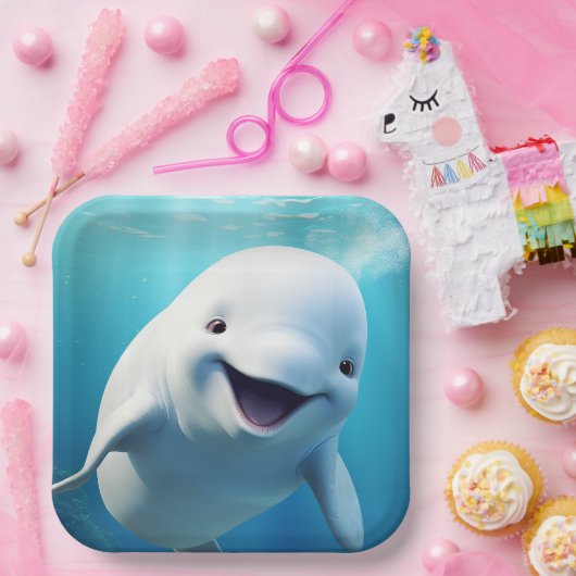 Beluga Whale Cartoon Blauer grüner arktischer Ozea Pappteller (Party)