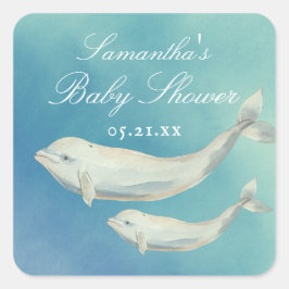 Beluga Whale Mama und Calf Baby Dusche Quadratischer Aufkleber
