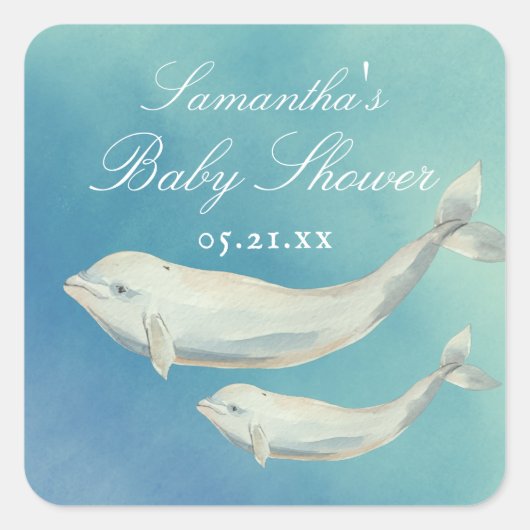 Beluga Whale Mama und Calf Baby Dusche Quadratischer Aufkleber (Vorderseite)