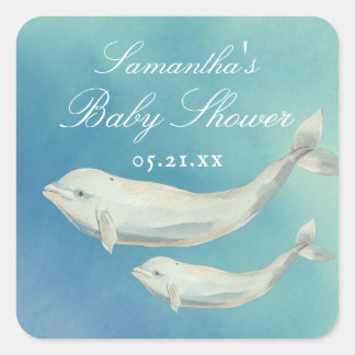 Beluga Whale Mama und Calf Baby Dusche Quadratischer Aufkleber