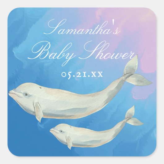 Beluga Whale Mama und Calf Baby Dusche Quadratischer Aufkleber (Vorderseite)