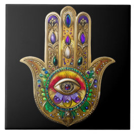 Bemalte goldene Hamsa Amethyst Rubin Drittes Auge Fliese