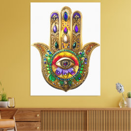 Bemalte goldene Hamsa Amethyst Rubin Drittes Auge Leinwanddruck