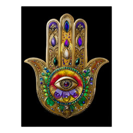 Bemalte goldene Hamsa Amethyst Rubin Drittes Auge Poster