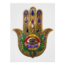 Bemalte goldene Hamsa Amethyst Rubin Drittes Auge