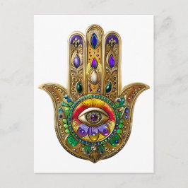 Bemalte goldene Hamsa Amethyst Rubin Drittes Auge Postkarte