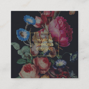 Bemalte Vintage-Blumen auf schwarzen quadratischen Quadratische Visitenkarte