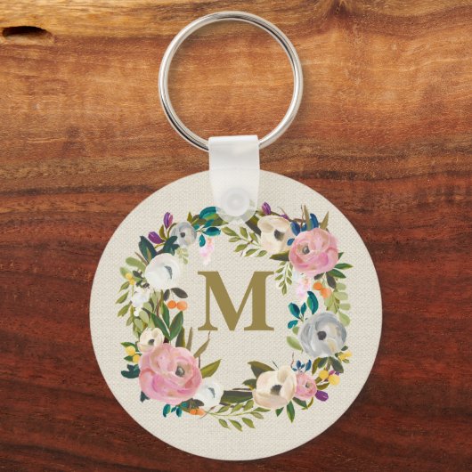Bemalter Blumen personalisierter Monogramm-Leinwan Schlüsselanhänger (Vorderseite)