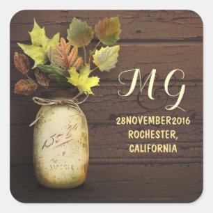 Bemalter Mason-Glasbehälter und Herbstlaub-Aufkleb Quadratischer Aufkleber