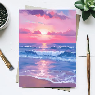 Bemalter rosa Ozean   Küsten-Wasserfarben-Pastell Postkarte