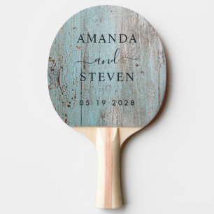 Bemaltes blaues Holzpaar mit Hochzeitsdatum Tischtennis Schläger
