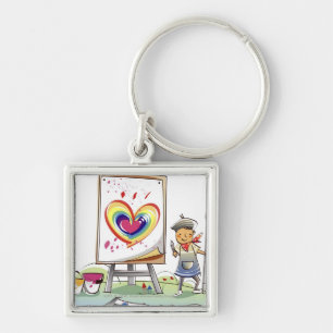 Bemannen Sie das Halten eines Malerpinsels und das Schlüsselanhänger