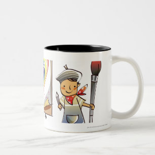 Bemannen Sie das Halten eines Malerpinsels und das Zweifarbige Tasse