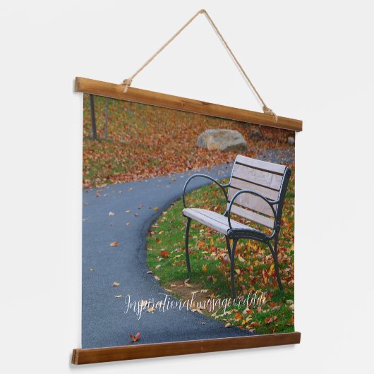 Bench Along A Fall Sidewalk Stroll Wandteppich Mit Holzrahmen (Gewinkelt)
