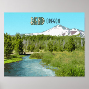 Bend Oregon Berg Fluss Wald Vintage Poster
