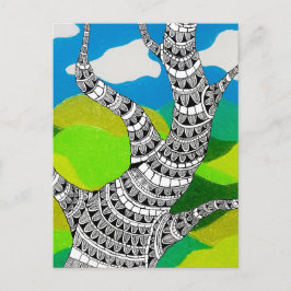 Bendy Tree Design Clouds Grassy Landscape Postkarte