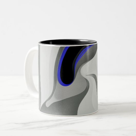 Beneath the Blue: Abstract Gray, Black & Blue Zweifarbige Tasse (Vorderseite Links)