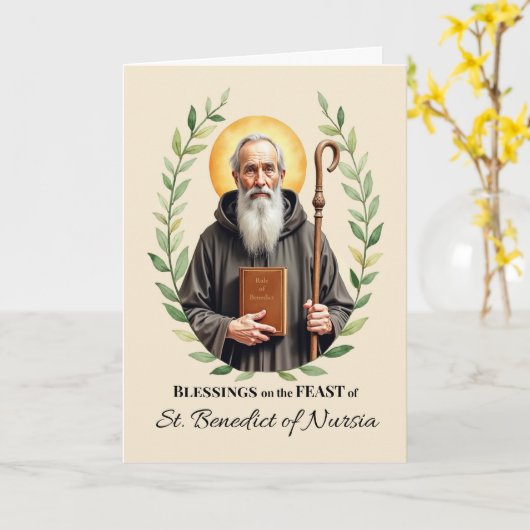 Benedikt von Nursia Feast Day Leafy Wreath Karte (Gelbe Blume)