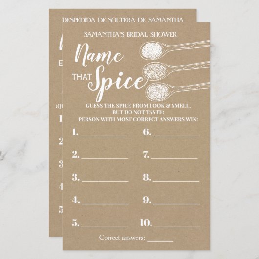 Benennen Sie das Spice Brautparty-Spiel Englisch S (Vorne/Hinten)
