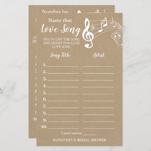 Benennen Sie dieses Lied Brautparty englisch Spani (Vorne/Hinten)