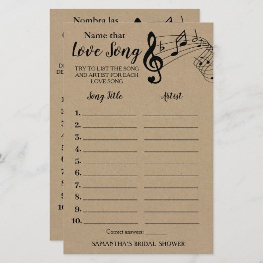 Benennen Sie dieses Lied Brautparty englisch Spani (Vorne/Hinten)