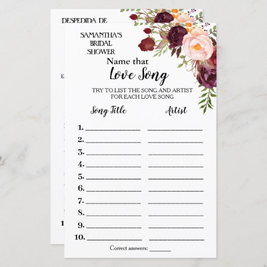 Benennen Sie dieses Lied Brautparty englisch Spani (Vorne/Hinten)