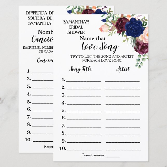 Benennen Sie dieses Lied Brautparty englisch Spani (Vorne/Hinten)