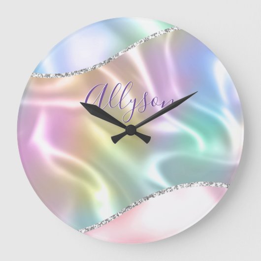 Benennen Sie Lila Skript, Iridescent Wave. Große Wanduhr (Vorderseite)