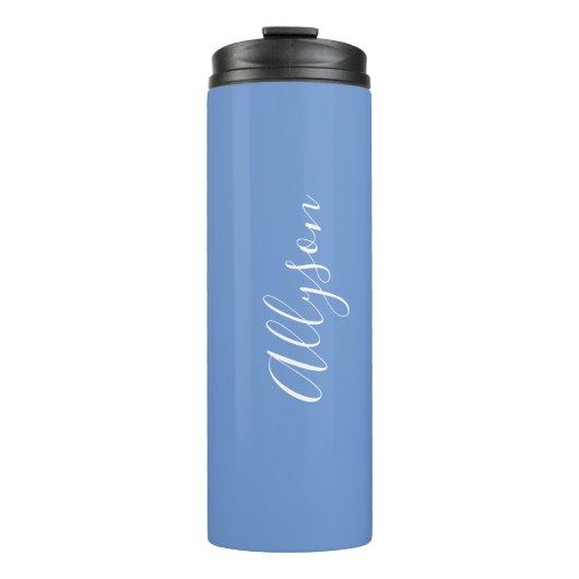 Benennen Sie weiße Skripte vertikal, blau Thermosbecher (Vorderseite)