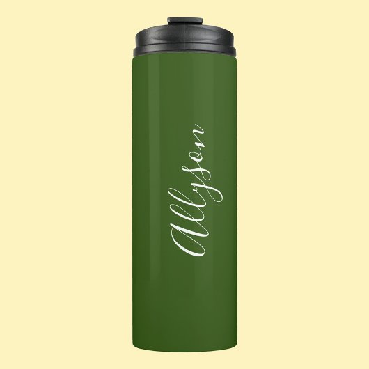 Benennen Sie White Script Vertikal ForestGreen Thermosbecher