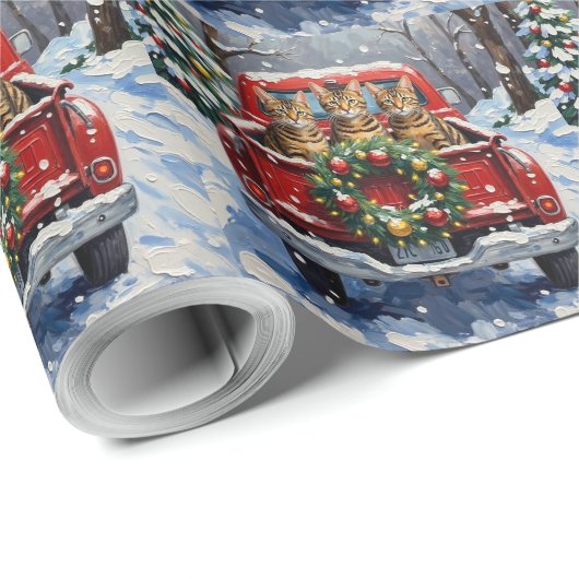 Bengal Cat Christmas Red Truck Holiday Geschenkpapier (Rolleneckpunkt)