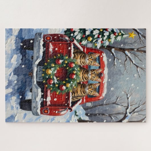 Bengal Cat Christmas Red Truck Holiday Puzzle (Horizontal)