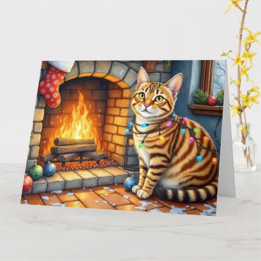 Bengal Cat Fireplace with Christmas Lights Karte (Gelbe Blume)