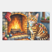 Bengal Cat Fireplace with Christmas Lights Rechteckiger Aufkleber (Vorderseite)