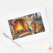 Bengal Cat Fireplace with Christmas Lights Rechteckiger Aufkleber (Umschlag)