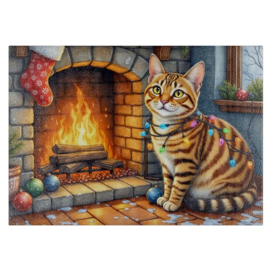 Bengal Cat Fireplace with Christmas Lights Schneidebrett (Vorderseite)