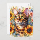 Bengal Cat Floral Portrait Art Postkarte (Vorne/Hinten)