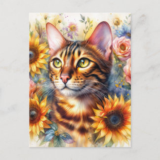 Bengal Cat Floral Portrait Art Postkarte