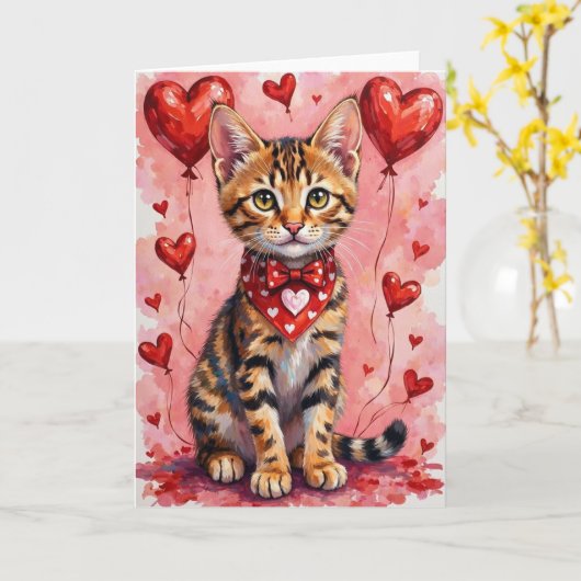 Bengal Cat Valentine Sitting with Hearts Red Karte (Gelbe Blume)