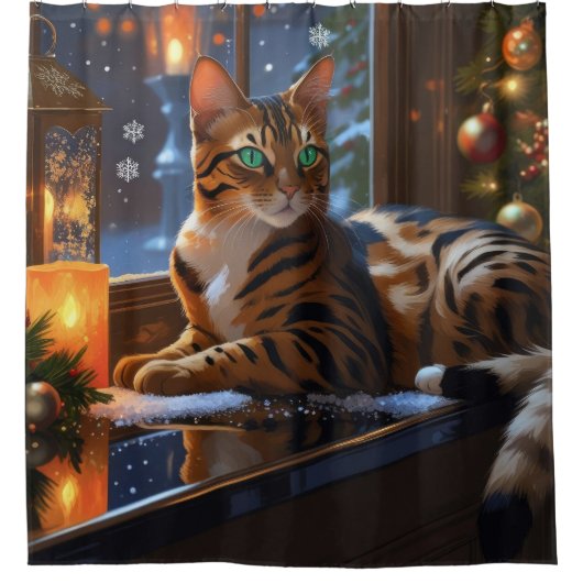 Bengal Cat With Christmas Lights Holiday Duschvorhang (Vorderseite)