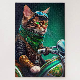 Bengal-Katze fährt Fahrrad am St. Patrick's Day Puzzle