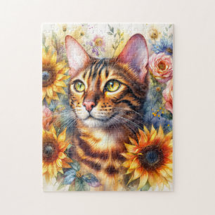 Bengal-Katze Florale Wasserfarbe Puzzle
